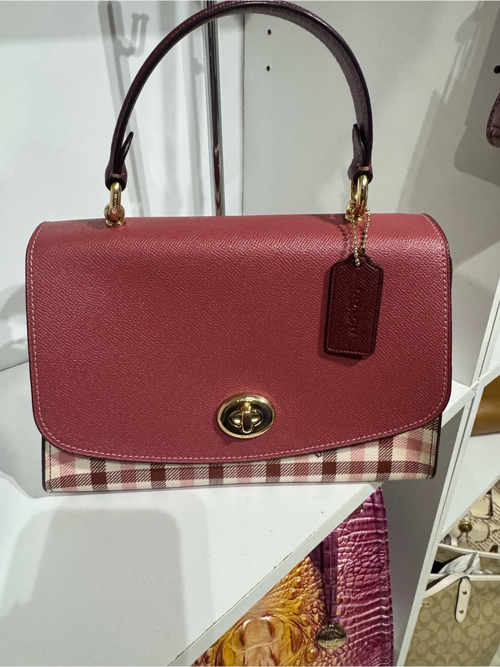 Coach Tilly Berry Pink Leather & Plaid Top-Handle Satchel - Picture 2 of 5